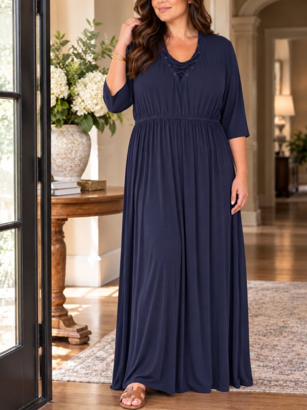 Molly & Isadora Navy Lace Up Maxi Dress 2X Plus Size 3/4 Sleeve Stretch
